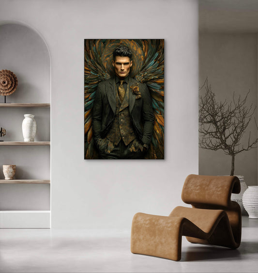 Kunstwerk Valenor in modern interieur met lederen stoel en aardetinten
