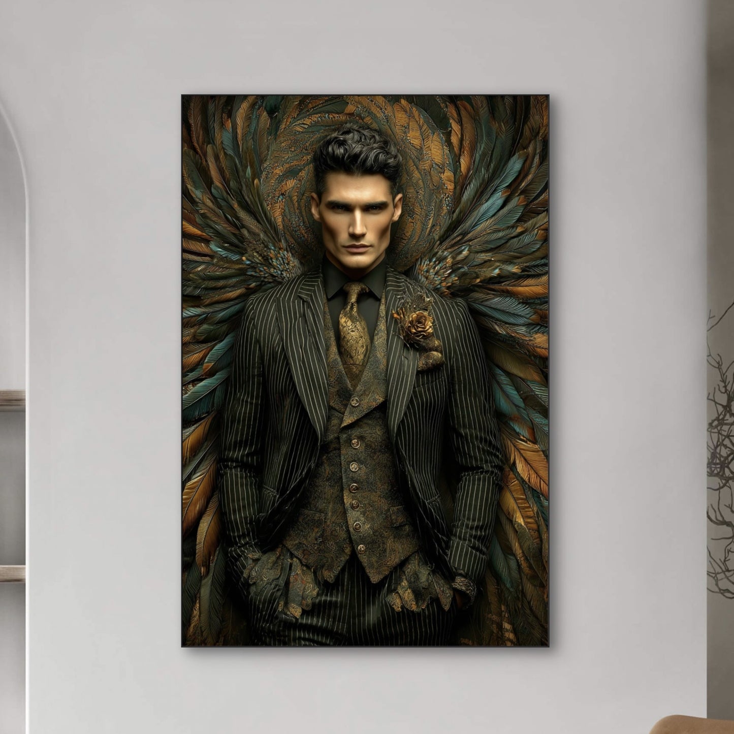 Detail van Valenor met man in kostuum en kleurrijke veren op donkere achtergrond
