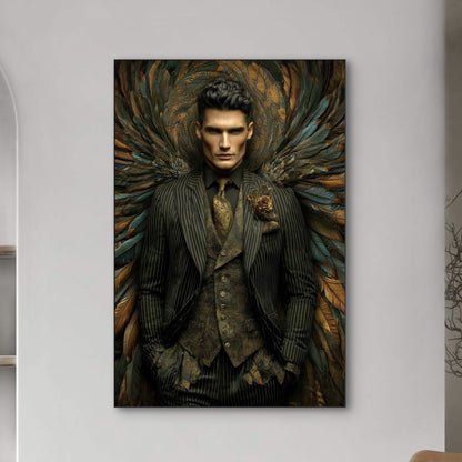 Detail van Valenor met man in kostuum en kleurrijke veren op donkere achtergrond
