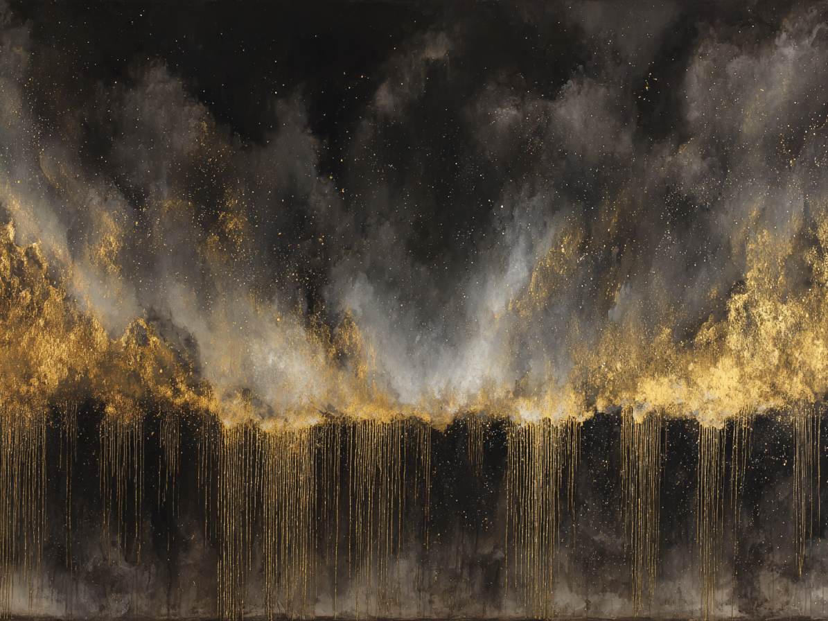 Abstracte compositie in goud en zwart met vallende structuur en diepe contrasten
