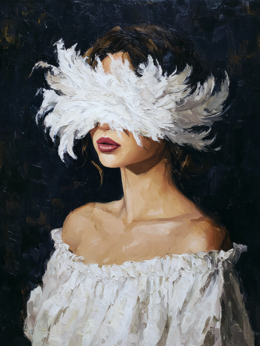 Volledige weergave van Veerlicht met vrouw in witte kleding en witte verenmasker
