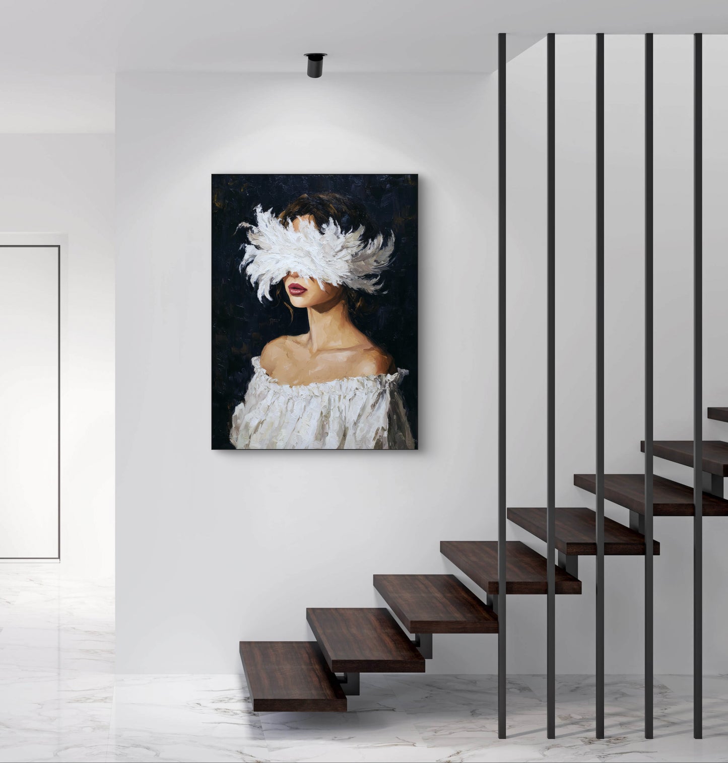 Kunstwerk Veerlicht boven trap in modern interieur met witte muren en donkere houten treden
