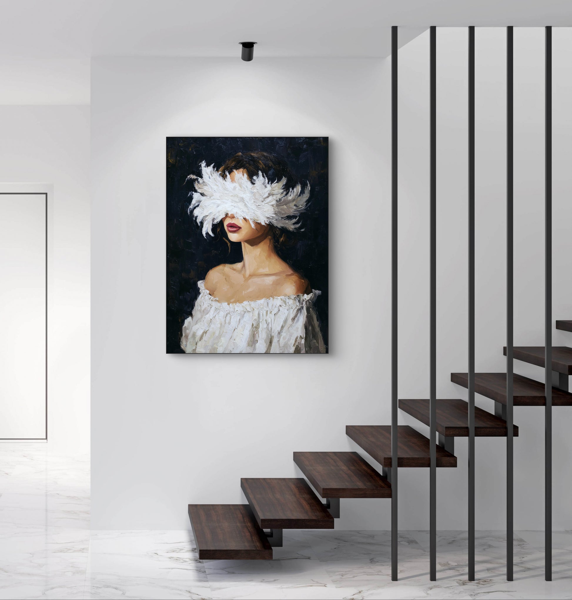 Kunstwerk Veerlicht boven trap in modern interieur met witte muren en donkere houten treden
