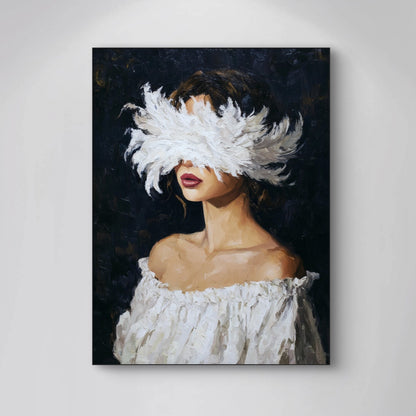 Detail van Veerlicht met vrouw in witte blouse en veren over haar ogen
