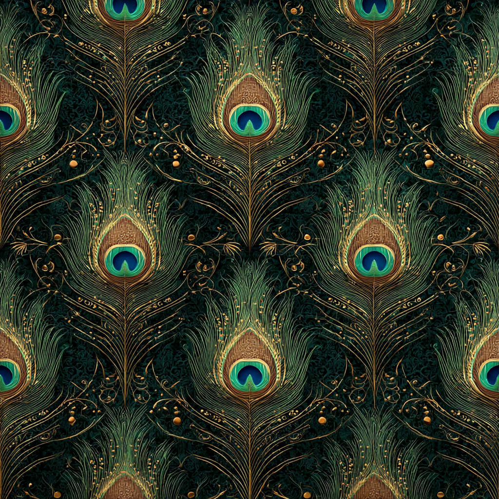 Volledige weergave van Veersymfonie met patroon van pauwenveren en glanzende details  
