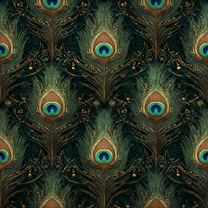 Volledige weergave van Veersymfonie met patroon van pauwenveren en glanzende details  
