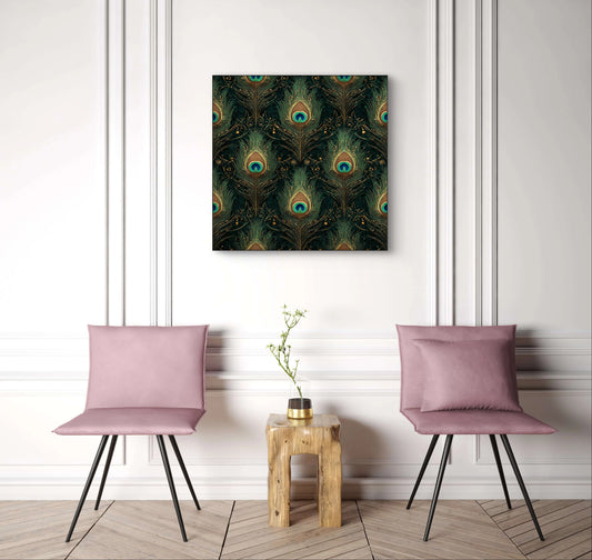 Mock-up van Veersymfonie aan de muur tussen twee roze stoelen  
