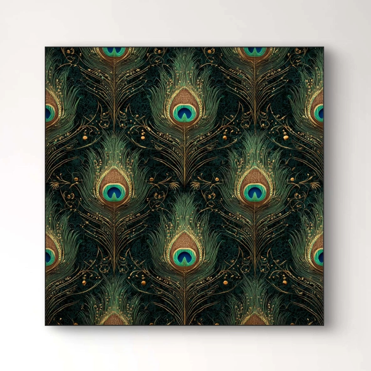 Detailopname van Veersymfonie met kleurrijke pauwenveren in herhalend patroon  
