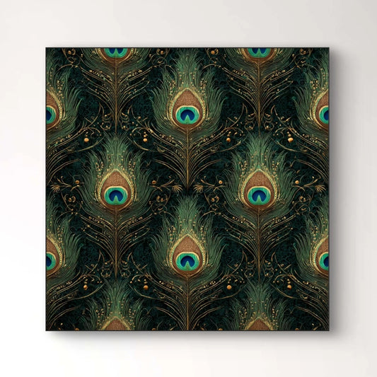 Detailopname van Veersymfonie met kleurrijke pauwenveren in herhalend patroon  
