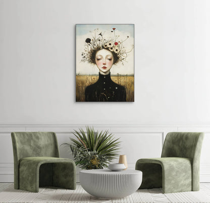 Textielkunstwerk Veldstilte boven twee groene stoelen en een ronde tafel in een licht en natuurlijk interieur
