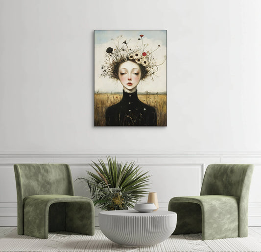 Textielkunstwerk Veldstilte boven twee groene stoelen en een ronde tafel in een licht en natuurlijk interieur
