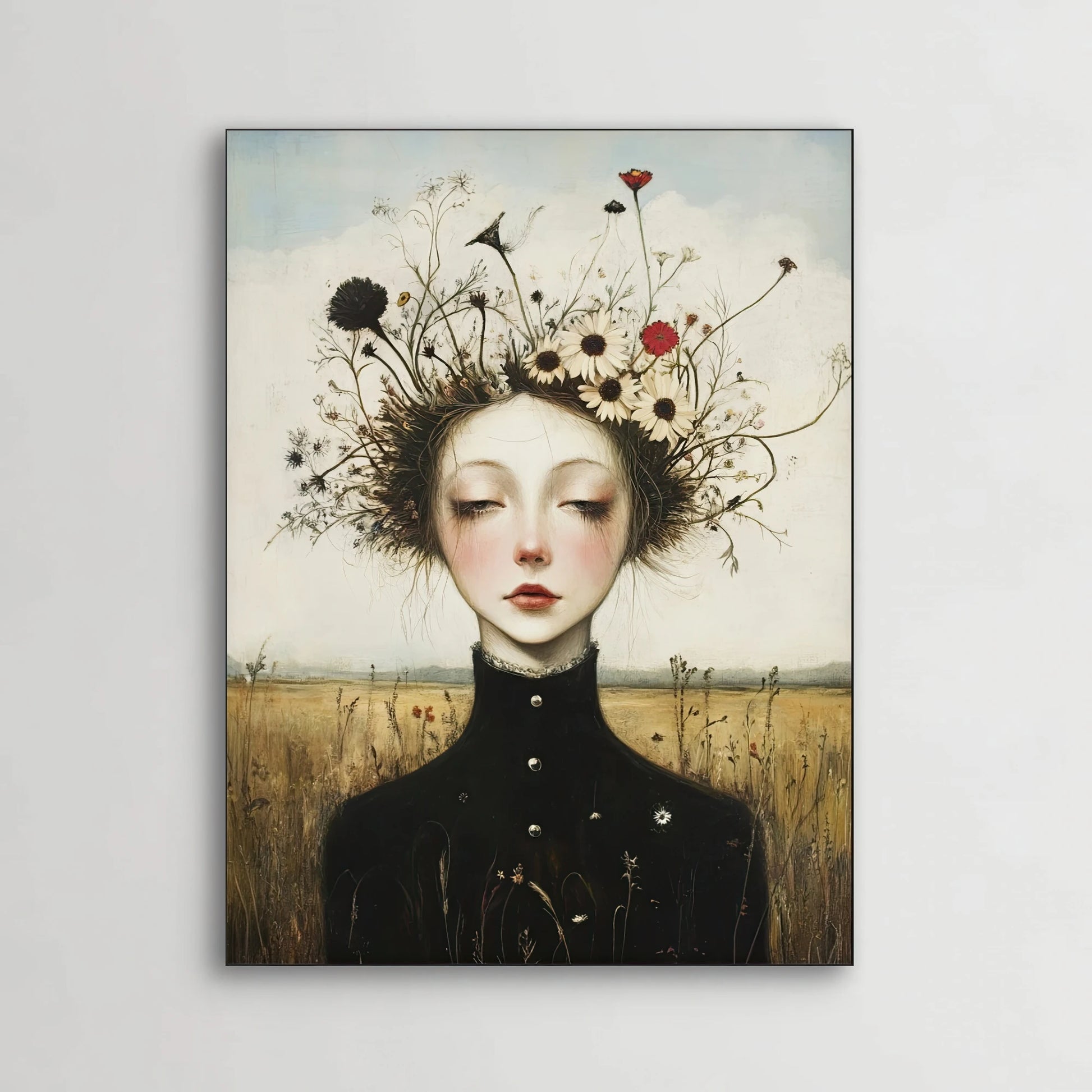Detail van Veldstilte met vrouw met gesloten ogen, bloementakken in het haar en zwarte col
