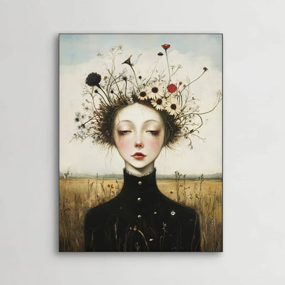 Detail van Veldstilte met vrouw met gesloten ogen, bloementakken in het haar en zwarte col
