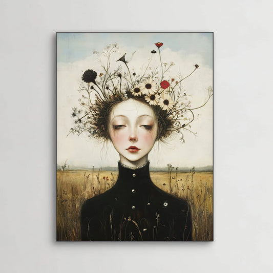 Detail van Veldstilte met vrouw met gesloten ogen, bloementakken in het haar en zwarte col
