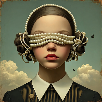 Volledige weergave van Veloria, portretkunst met parels en kalme elegantie
