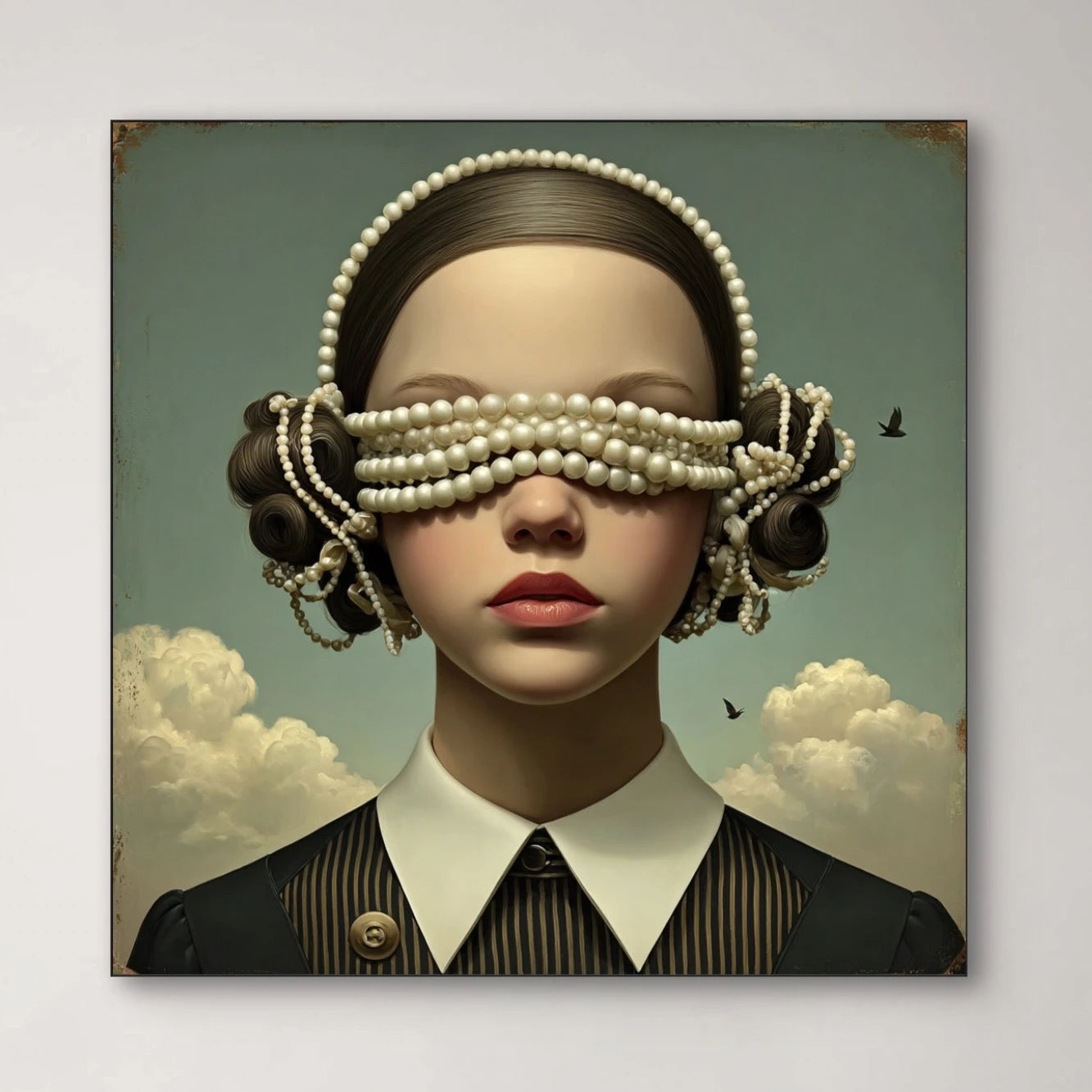 Detail van Veloria wandkunst met parels en verfijnde lichtreflecties
