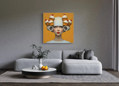 Veloura wandkunst in modern interieur met warme gele achtergrond
