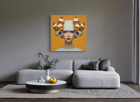 Veloura wandkunst in modern interieur met warme gele achtergrond
