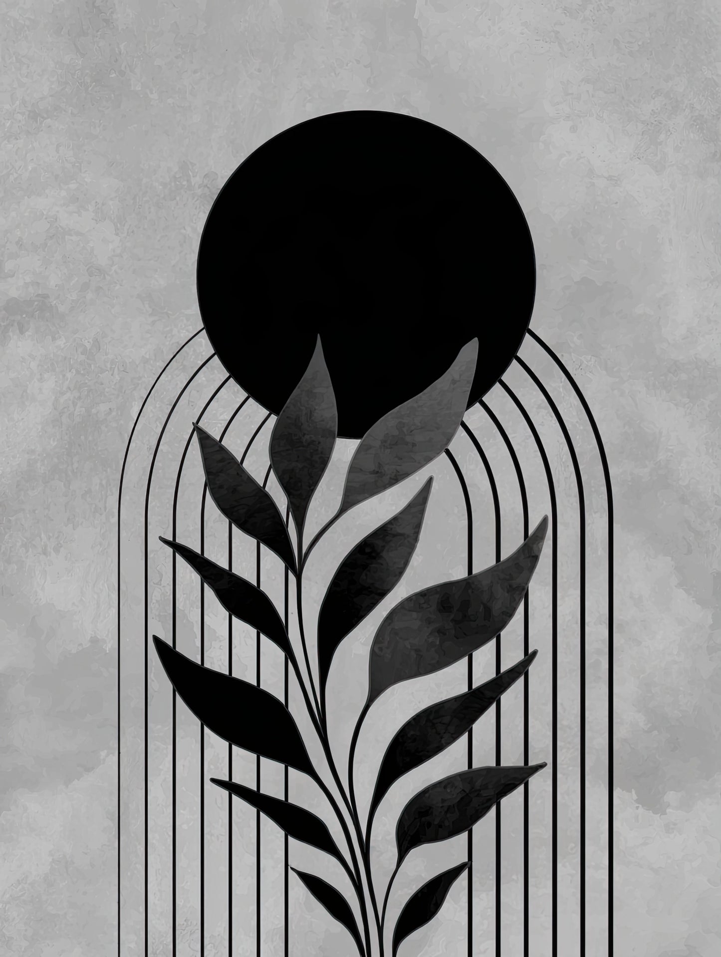 Volledige weergave van abstract kunstwerk “Verankerd in Schaduw” met zwarte botanische vormen en geometrische lijnen tegen een grijze achtergrond
