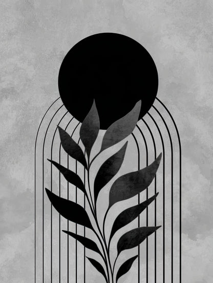 Volledige weergave van abstract kunstwerk “Verankerd in Schaduw” met zwarte botanische vormen en geometrische lijnen tegen een grijze achtergrond
