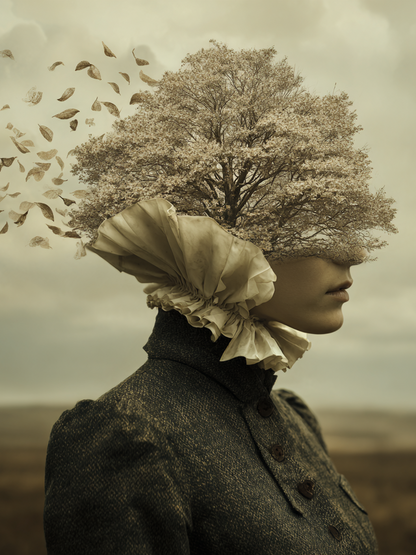 Volledige weergave van Verbladeren met vrouw, boom en vallende bladeren in warme tinten
