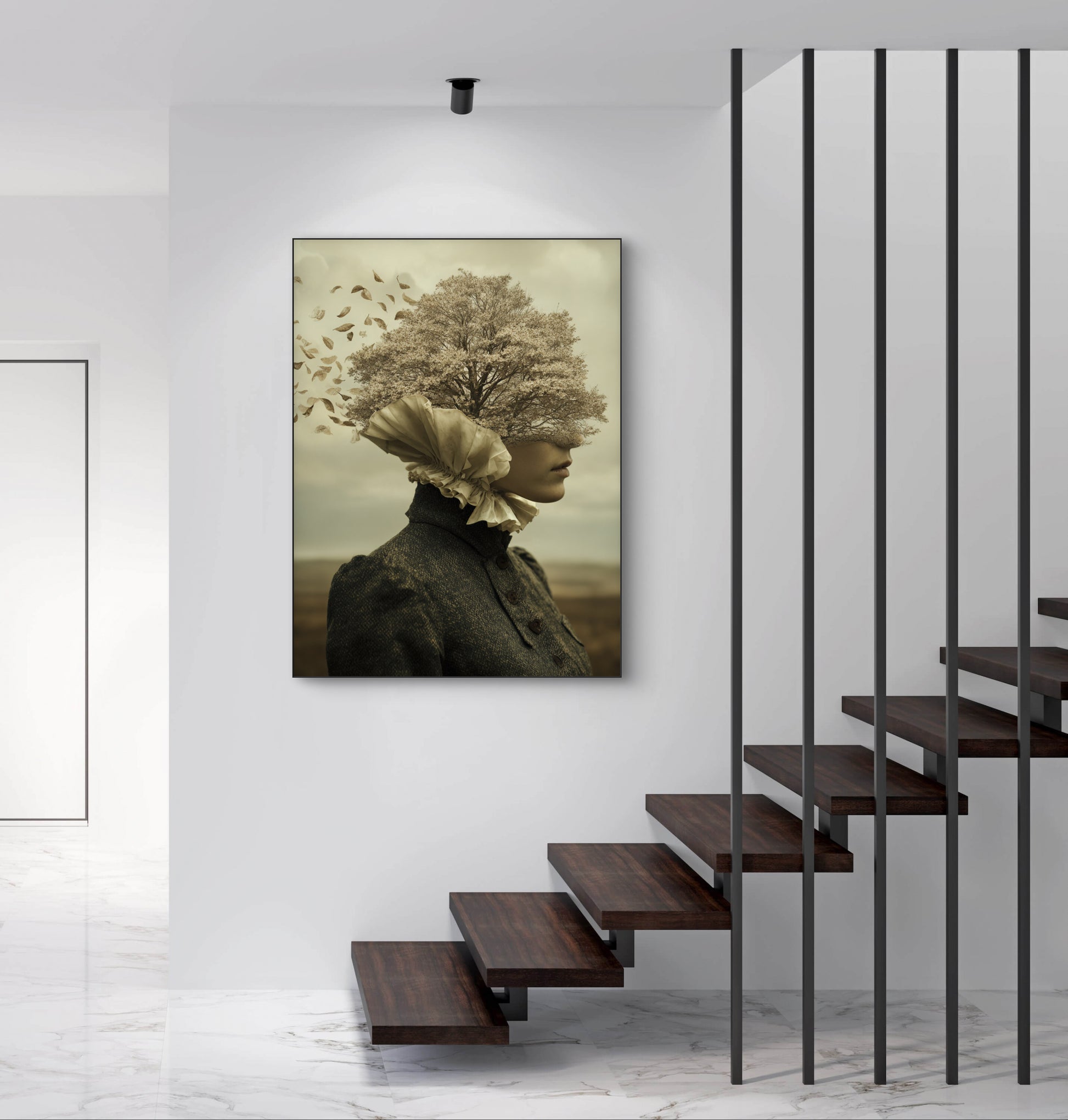 Kunstwerk Verbladeren boven moderne trap met wit marmer en houten treden
