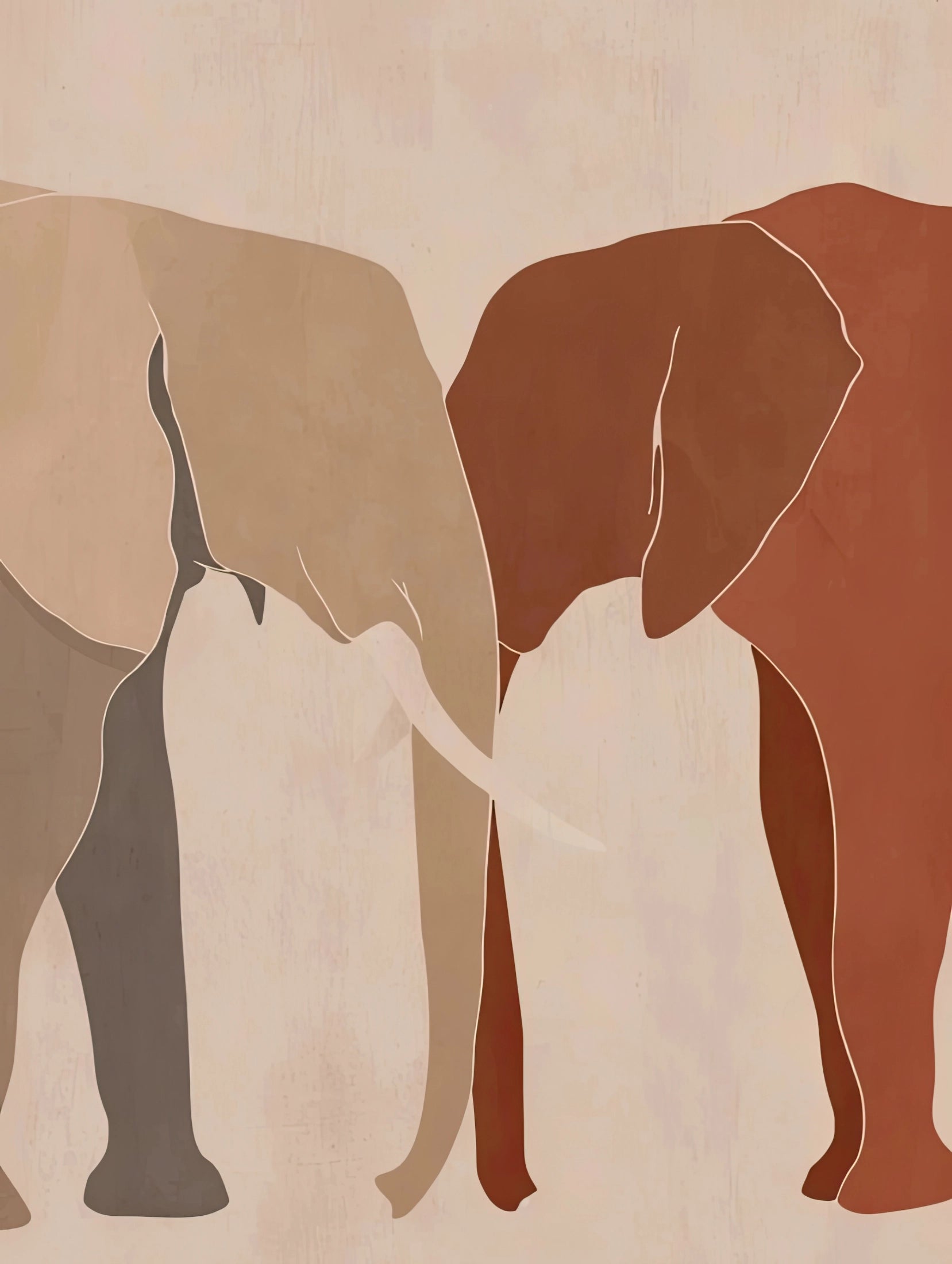 Volledige illustratie van twee gestileerde olifanten in aardetinten, verbonden met hun slurven op een zachte beige achtergrond

