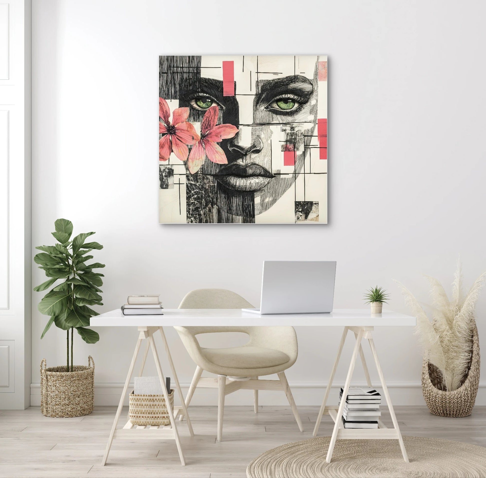 Textielkunstwerk Verborgen Lijnenspel boven een wit bureau in een licht interieur met natuurlijke elementen
