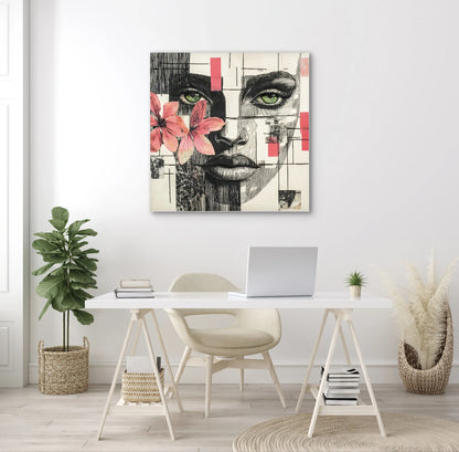 Textielkunstwerk Verborgen Lijnenspel boven een wit bureau in een licht interieur met natuurlijke elementen
