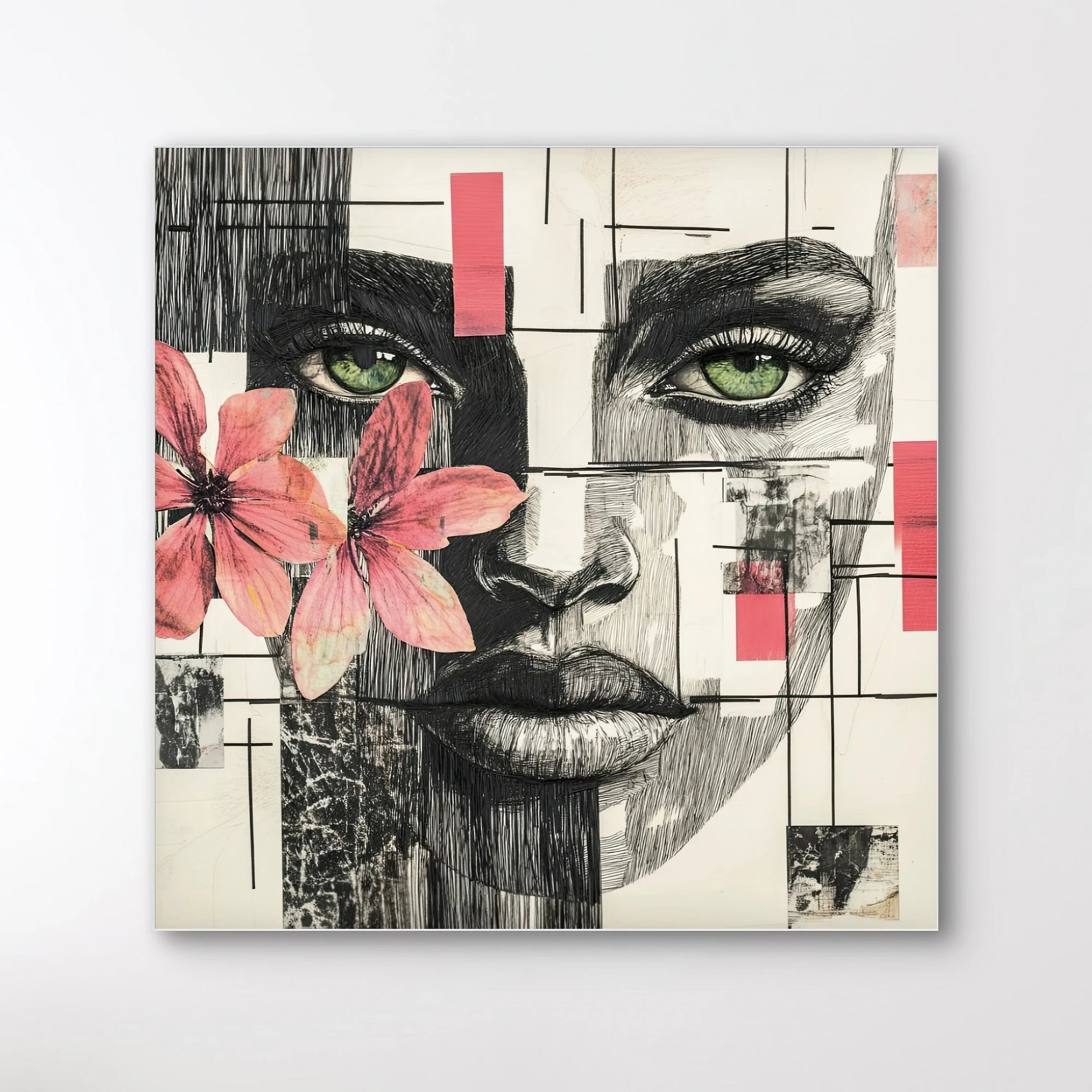 Detail van Verborgen Lijnenspel met abstract vrouwengezicht, groene ogen, roze lelie en grafische lijnen
