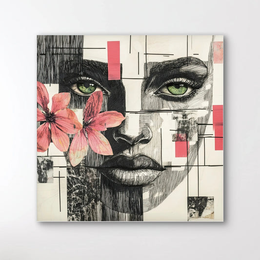 Detail van Verborgen Lijnenspel met abstract vrouwengezicht, groene ogen, roze lelie en grafische lijnen
