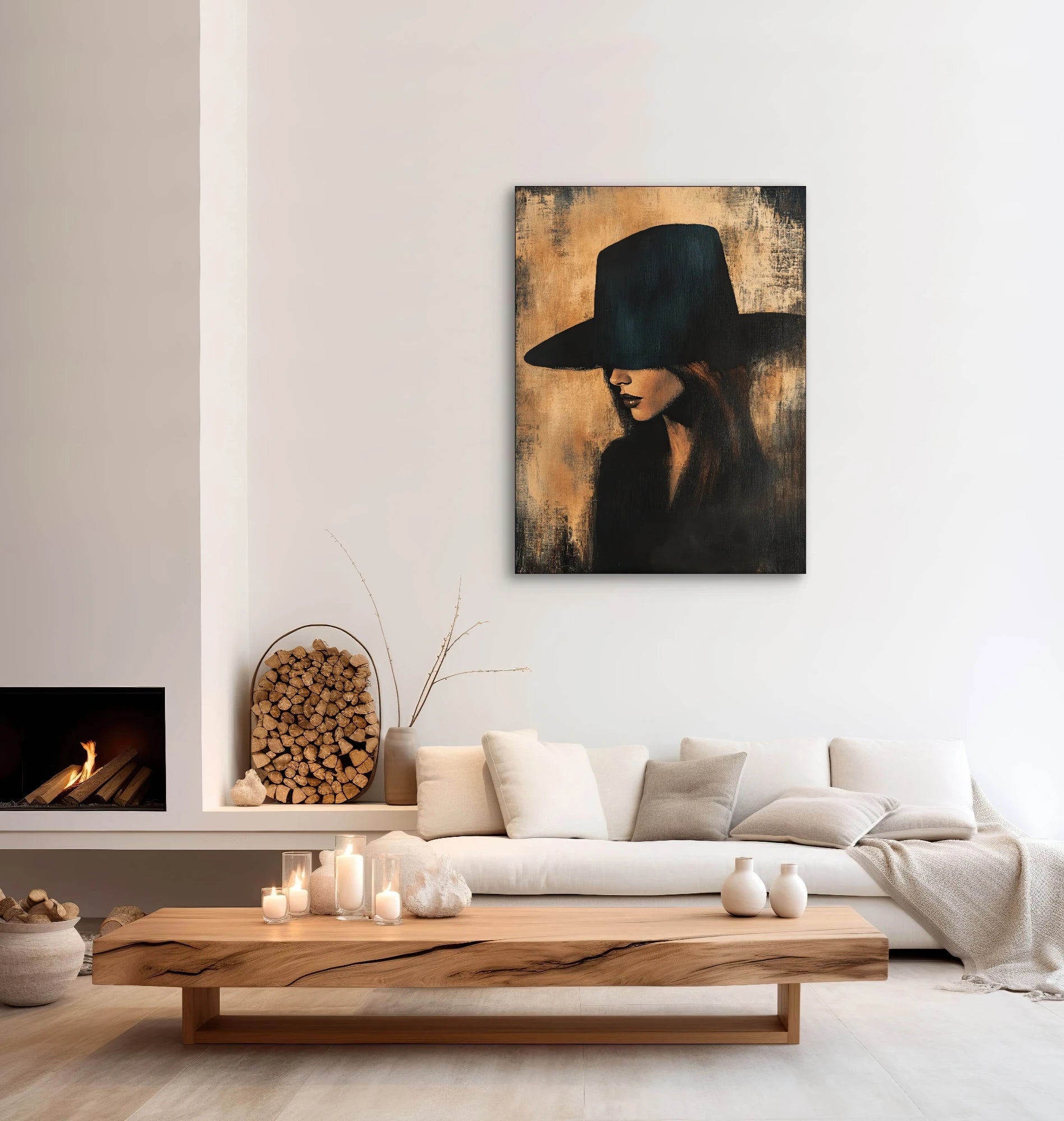 Textielkunstwerk Verborgen Vlam boven een witte bank met houten salontafel in een warm en minimalistisch interieur
