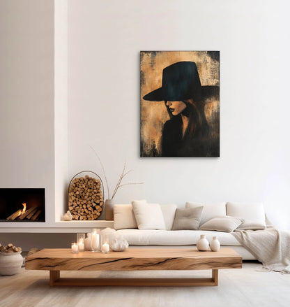 Textielkunstwerk Verborgen Vlam boven een witte bank met houten salontafel in een warm en minimalistisch interieur
