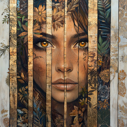 Volledige weergave van Verborgen Woudglans, portret met natuurmotieven, houtstructuur en intense blik
