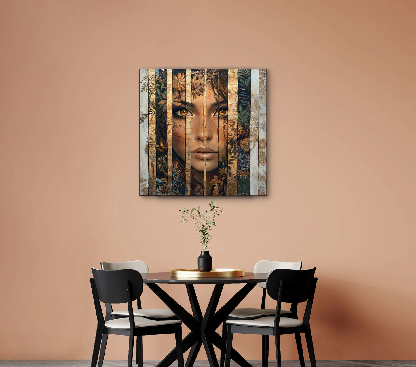 Textielkunstwerk Verborgen Woudglans boven een ronde zwarte eettafel met vier stoelen tegen een terracottawand
