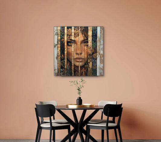 Textielkunstwerk Verborgen Woudglans boven een ronde zwarte eettafel met vier stoelen tegen een terracottawand
