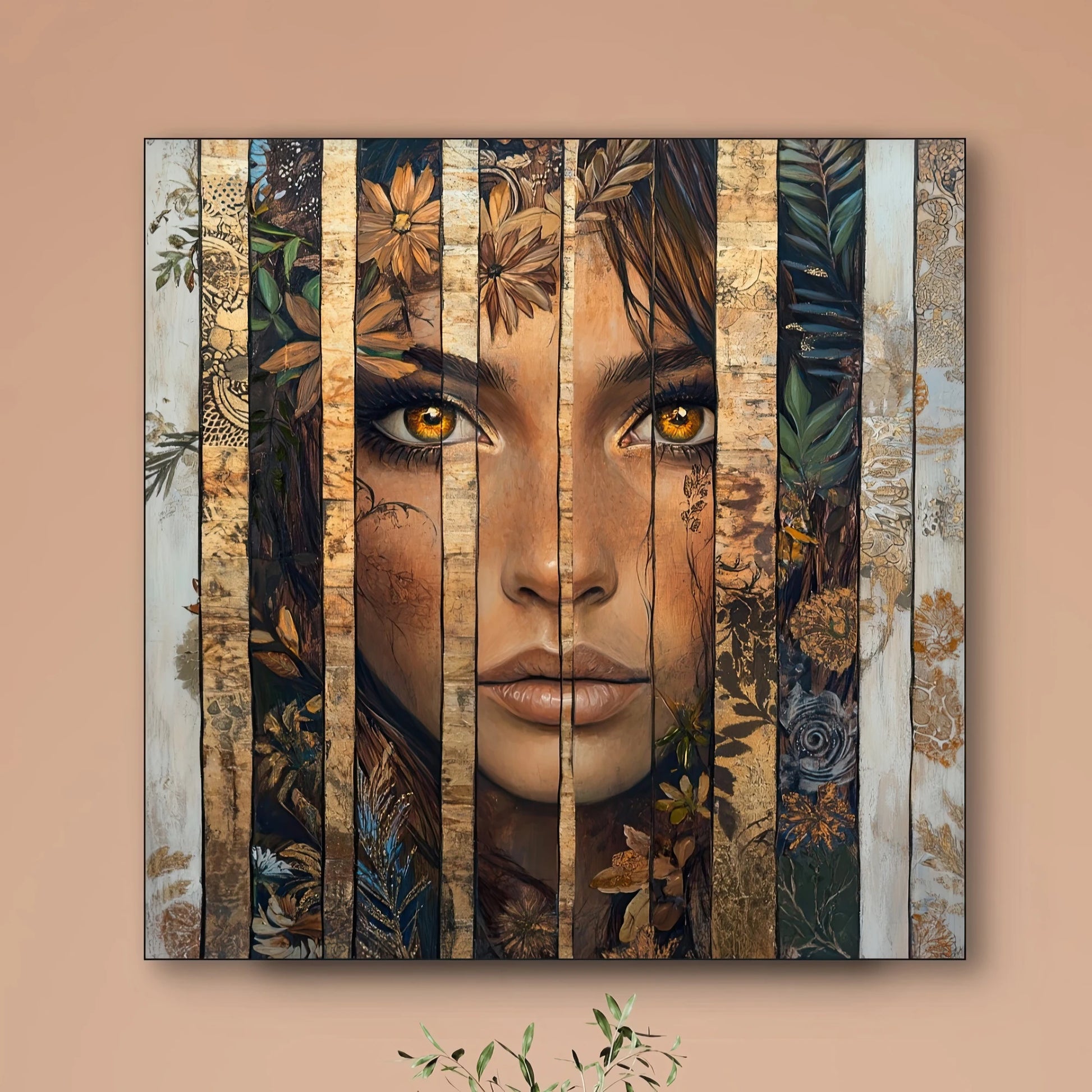 Detail van Verborgen Woudglans met gezicht van vrouw, gouden ogen, bladeren en houten lijnen
