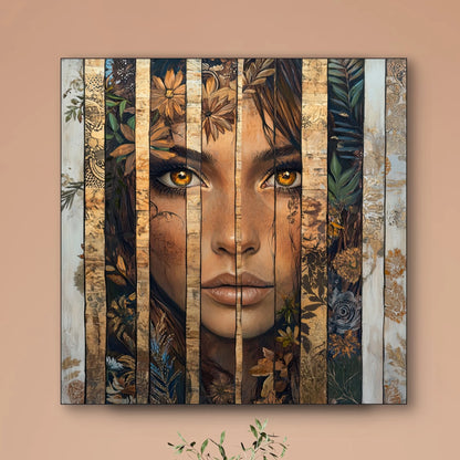 Detail van Verborgen Woudglans met gezicht van vrouw, gouden ogen, bladeren en houten lijnen
