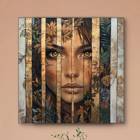 Detail van Verborgen Woudglans met gezicht van vrouw, gouden ogen, bladeren en houten lijnen
