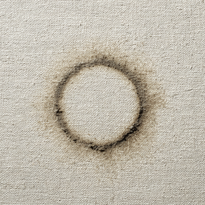 Minimalistisch kunstwerk Verbrand Licht met donkere cirkel op een licht doek in natuurlijke tinten.
