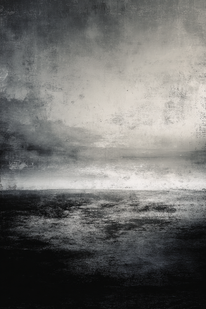 Abstracte compositie in zwart, wit en grijs met horizon en subtiele lichtreflectie
