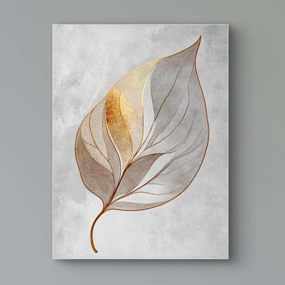 Detail van bladstructuur met fijne lijnen en goudaccent op een lichtgrijze achtergrond
