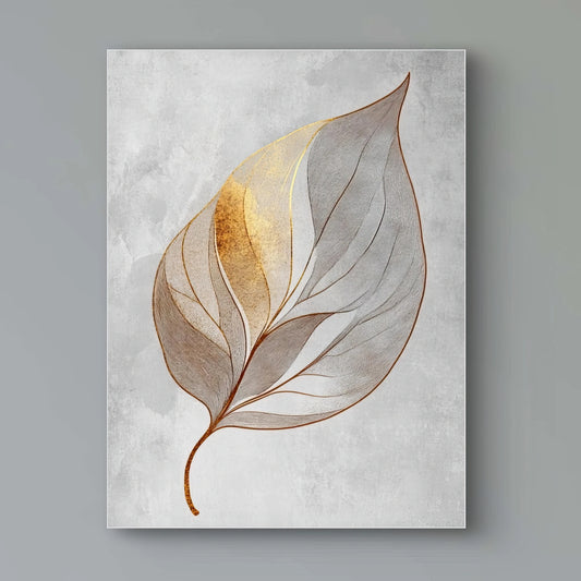 Detail van bladstructuur met fijne lijnen en goudaccent op een lichtgrijze achtergrond

