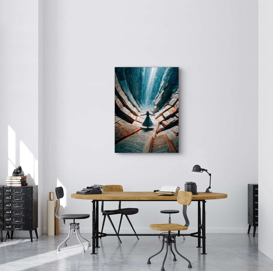 Kunstwerk Verhaalval boven houten tafel in moderne werkruimte met industrieel design
