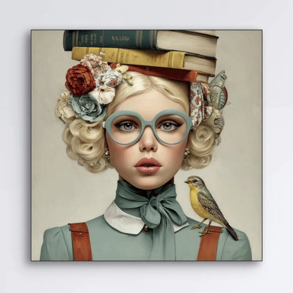 Detail van Verhalenbloem wandkunst met bril, bloemen en subtiele tinten
