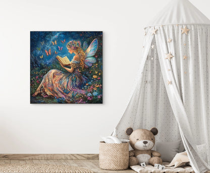 In de schemering van een magisch bloemenveld leest een elfje een boek vol licht. ‘Verhalenlicht’ is een ode aan verbeelding en verwondering, perfect voor een dromerige kinderkamer.  
