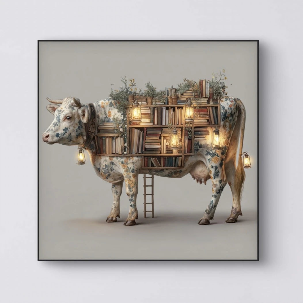 Detailopname van Verlichte Bibliotheek met koe en ingebouwde boekenplanken  
