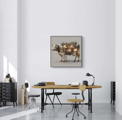 Mock-up van Verlichte Bibliotheek boven een houten bureau met stoelen  
