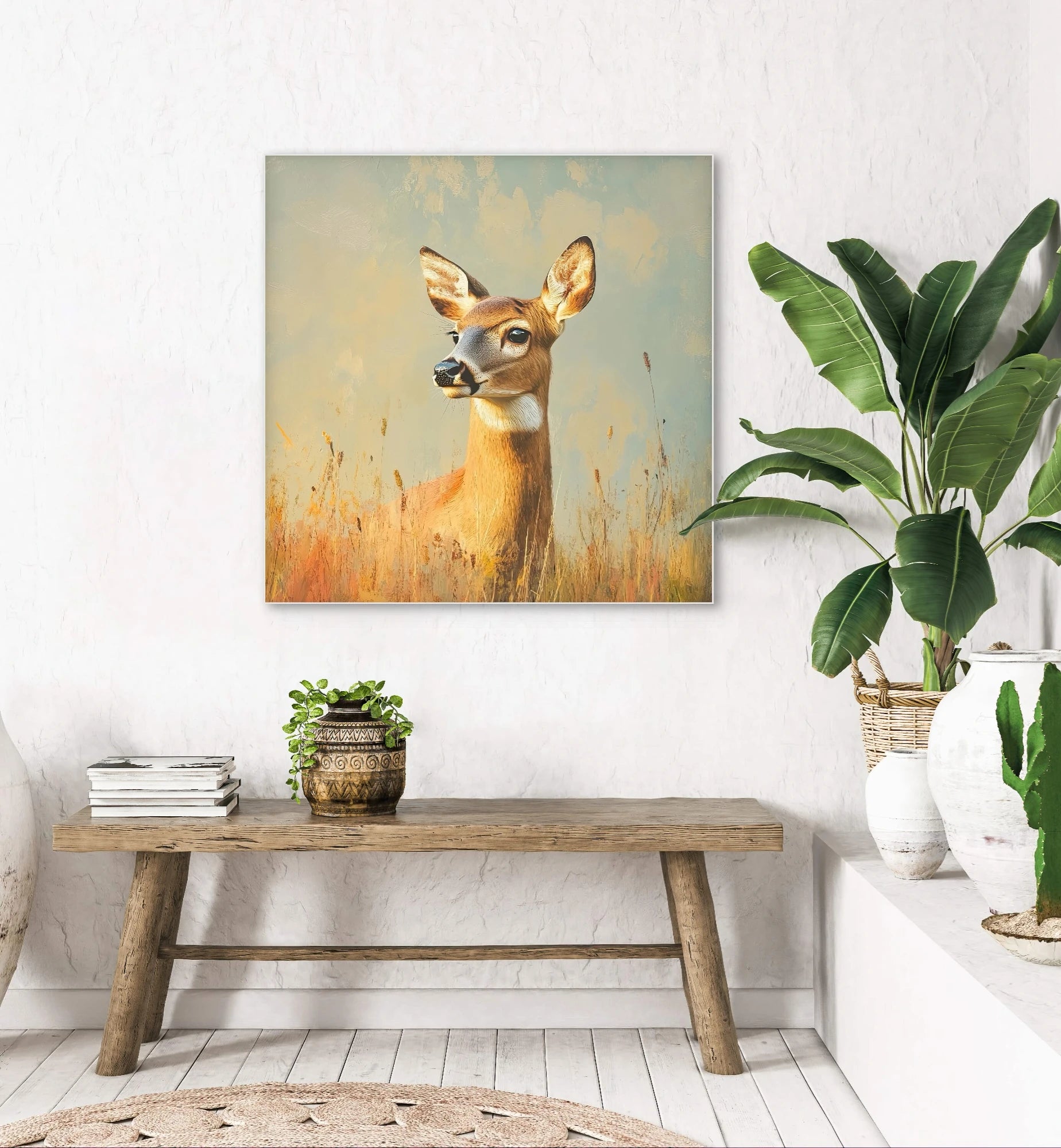 Wandkunst met ree in veld in licht interieur met houten bankje en groene planten

