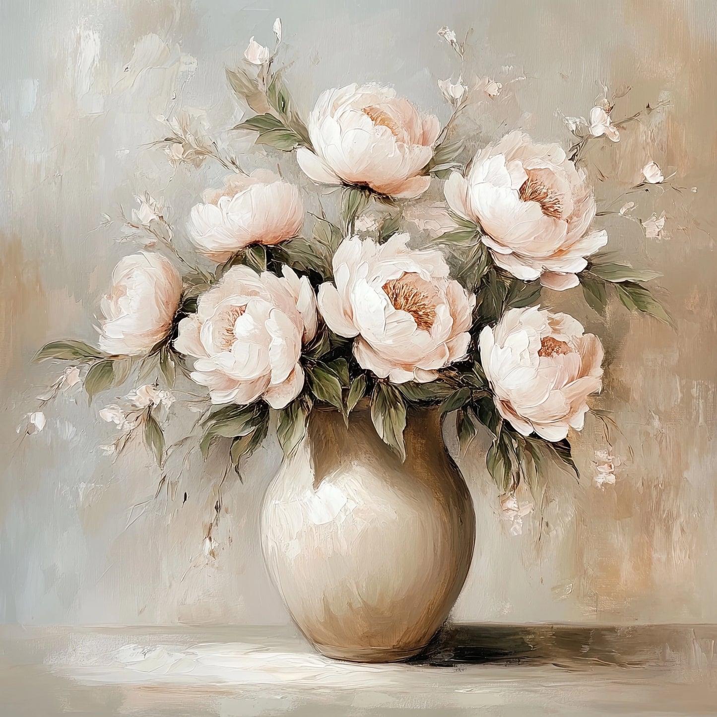 Volledige weergave van het kunstwerk “Verstilde Zachtroze” met pioenen in een vaas op een zachte achtergrond
